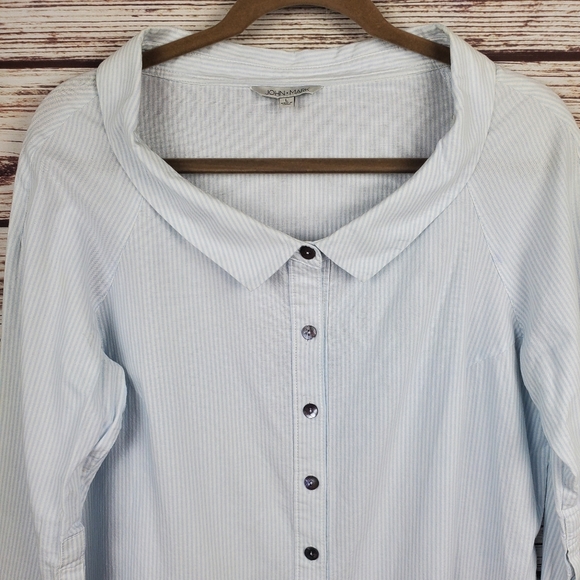 John Mark Womens Large Blue/White Stripe Portrait Collar Button Down Shirt Top - Picture 2 of 10